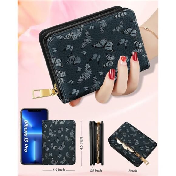 RFID Leather Card Holder Wallet for Women Small Zipper ID Coin Purse Butterfly - Picture 3 of 7